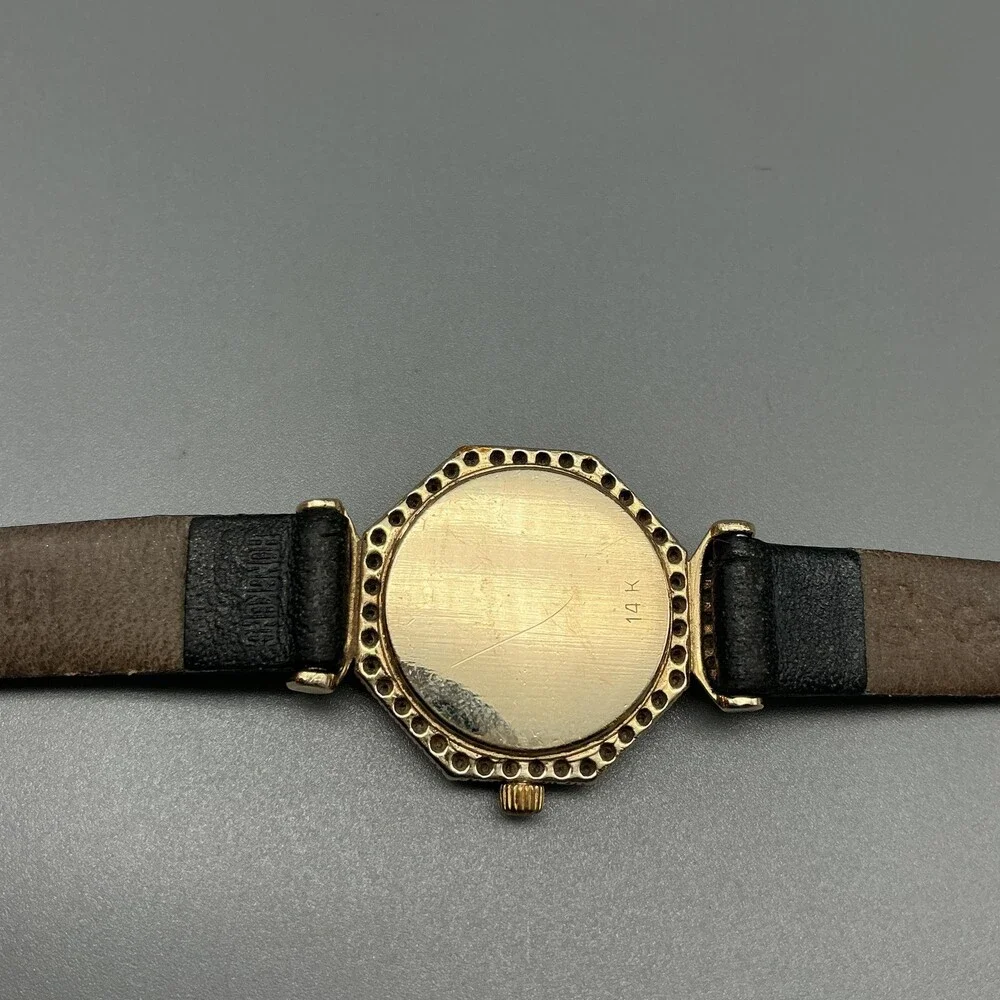 Allegro Womens Watch 22mm White Dial 14K Diamond Bezel Black Leather New Battery